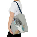 Crisp Cobalt: Dynamic Blue And White Budgie Artistry Tote Bag (AOP)